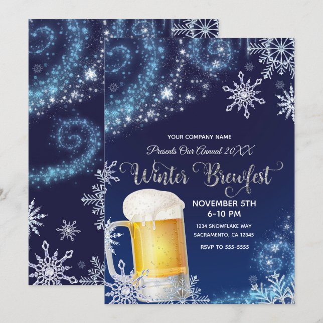 Winter Brew-Fest Beer Party Wonderland Blue White Invitation (Front/Back)