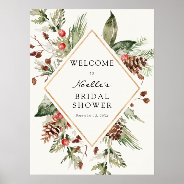 Winter Bridal Shower Evergreen Poinsettia Welcome Poster (Front)