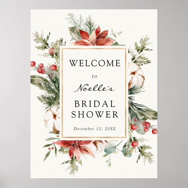 Winter Bridal Shower Evergreen Poinsettia Welcome Poster (Front)