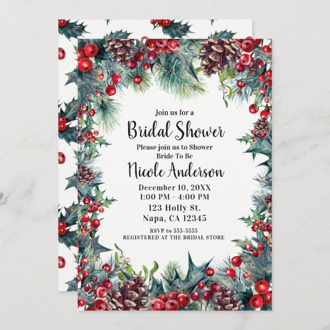 Winter Bridal Shower Holiday Holly & Pine Cones Invitation (Front/Back)
