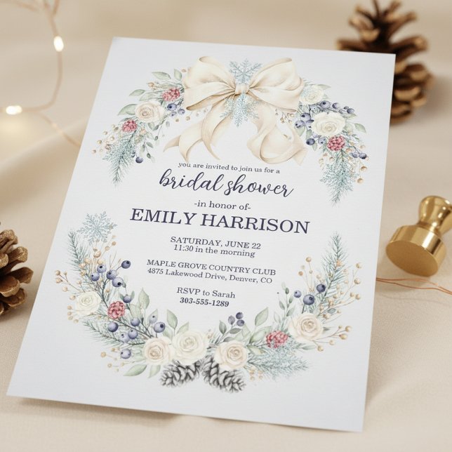 Winter Bridal Shower Invitation Cream Bow Floral (winter floral bridal shower)