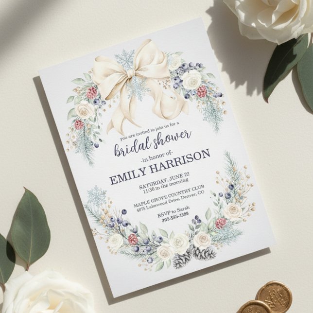 Winter Bridal Shower Invitation Cream Bow Floral (blush blue winter flowers)