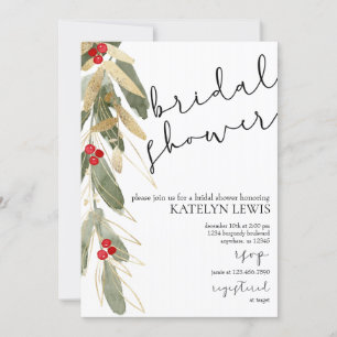Winter Bridal Shower Invitation Gold Holly