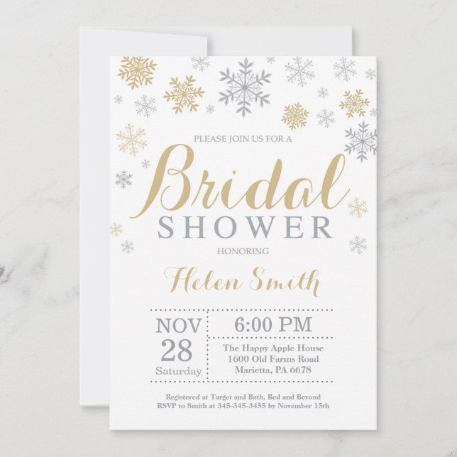 Winter Bridal Shower Invitation Gold Snowflake (Front)