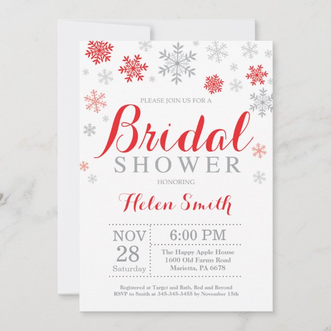 Winter Bridal Shower Invitation Red Snowflake (Front)