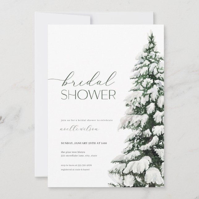 Winter Bridal Shower Invitation Snow Pine Trees (Front)