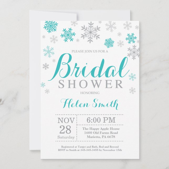 Winter Bridal Shower Invitation Teal Snowflake (Front)