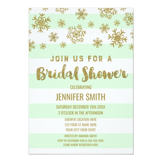 Winter Bridal Shower Mint Stripes Gold Snowflakes Card