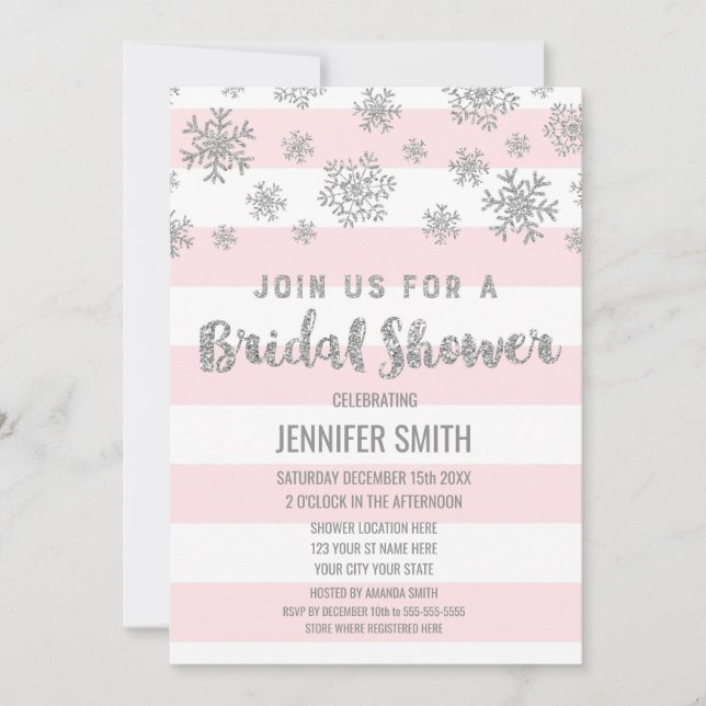 Winter Bridal Shower Pink Stripes Silver Snowflake Invitation (Front)