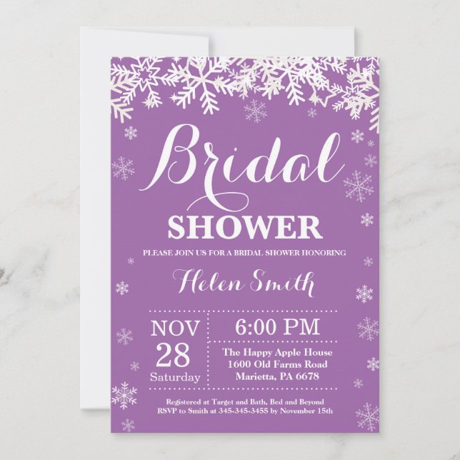 Winter Bridal Shower Snowflake Purple Invitation (Front)