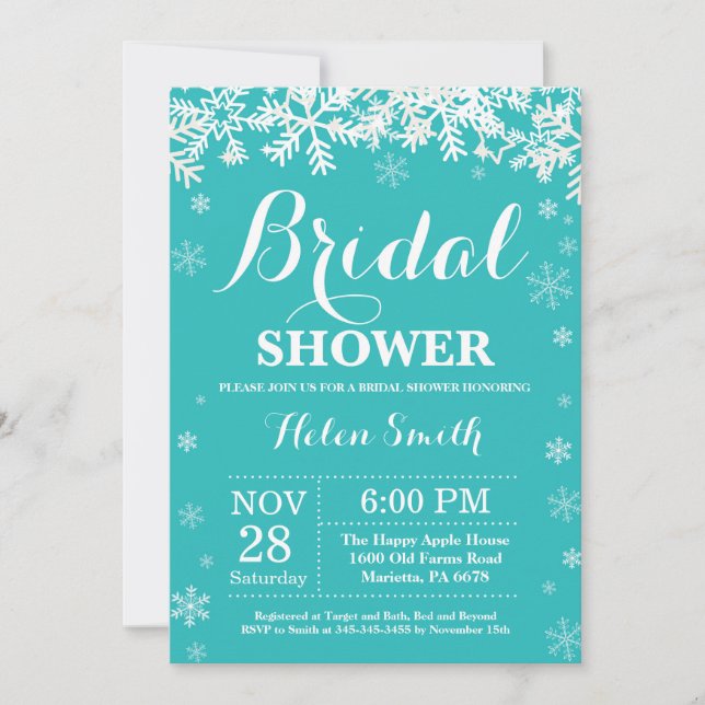 Winter Bridal Shower Snowflake Teal Invitation (Front)
