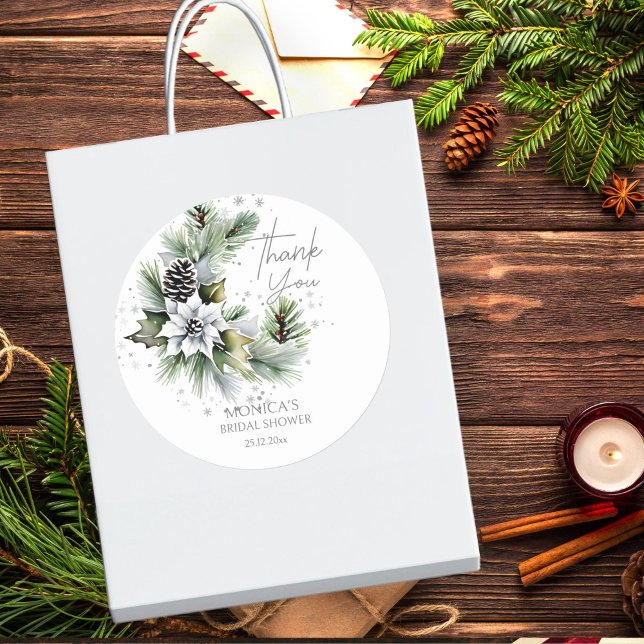 Winter bridal shower template thank you favour  classic round sticker (Winter bridal shower template thank you favor sticker elegant watercolor pines white poinsettia)