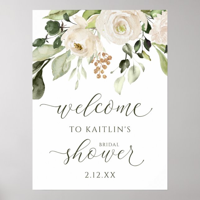 Winter Bridal Shower Welcome Sign White Floral (Front)