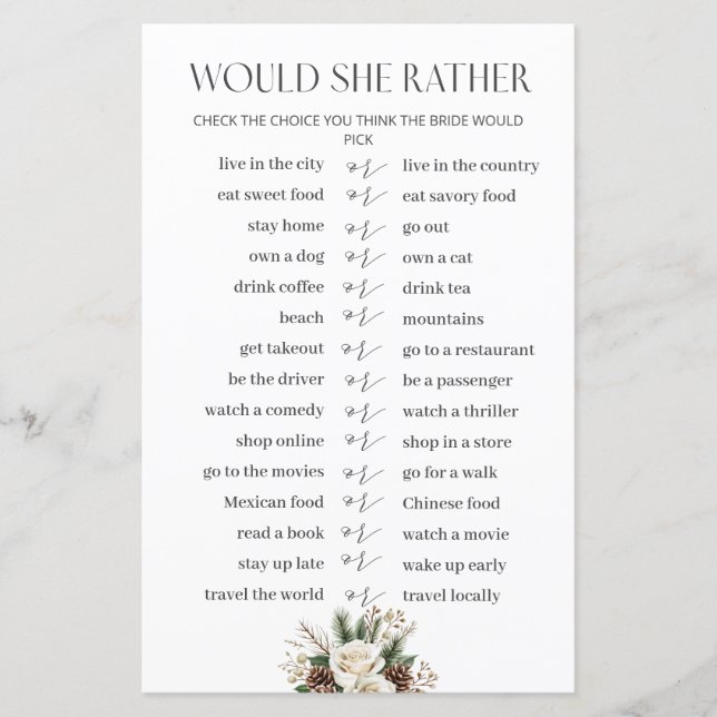 Winter Bridal Shower Would She Rather  Bridal Game (Front)