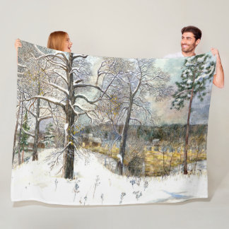winter bridge Watercolor painting Fleece Blanket