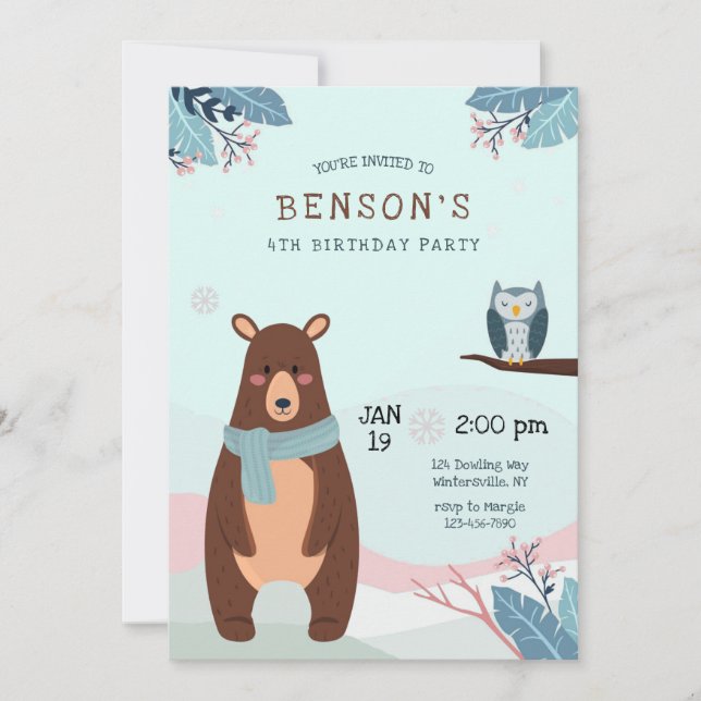 Winter Brown Bear Birthday Party Invitation (Front)