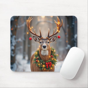 Winter Buck Wearing a Glowing Holiday Wreath Mouse Pad