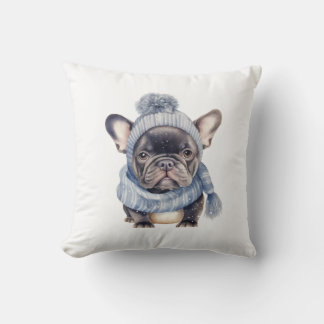 Winter Bulldog Baby in Blue Cap and Scarf Cushion