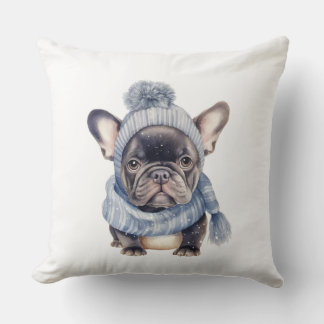 Winter Bulldog Baby in Blue Cap and Scarf Cushion