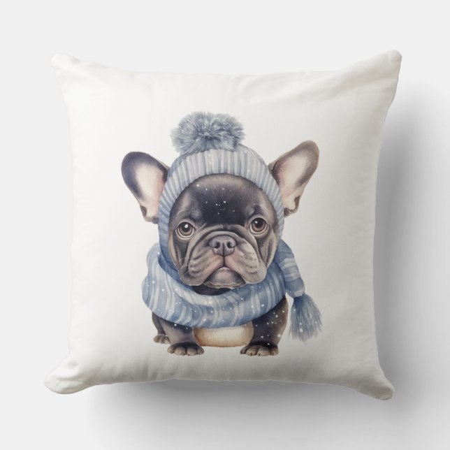 Winter Bulldog Baby in Blue Cap and Scarf  Cushion (Front)