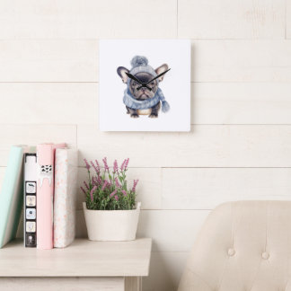 Winter Bulldog Baby in Blue Cap and Scarf Square Wall Clock