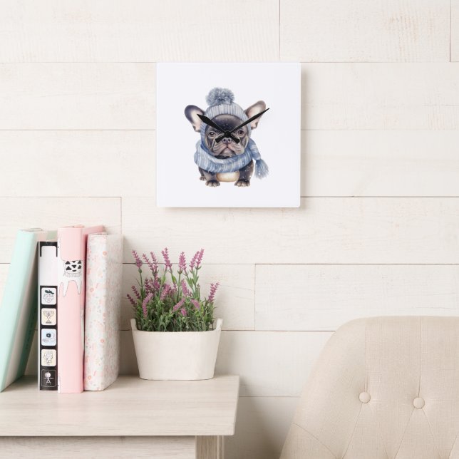 Winter Bulldog Baby in Blue Cap and Scarf  Square Wall Clock (Reading Room)