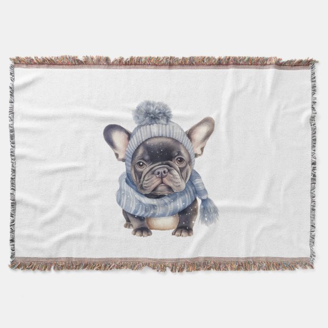 Winter Bulldog Baby in Blue Cap and Scarf  Throw Blanket