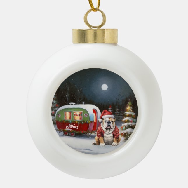 Winter Bulldog Caravan Christmas Adventure  Ceramic Ball Christmas Ornament (Front)