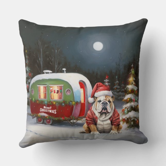 Winter Bulldog Caravan Christmas Adventure  Cushion (Back)