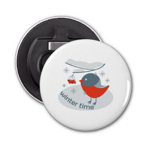 Winter bullfinch bird and red rowan berries bottle opener