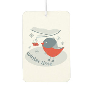 Winter bullfinch bird and red rowan berries car air freshener