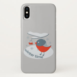 Winter bullfinch bird and red rowan berries iPhone x case