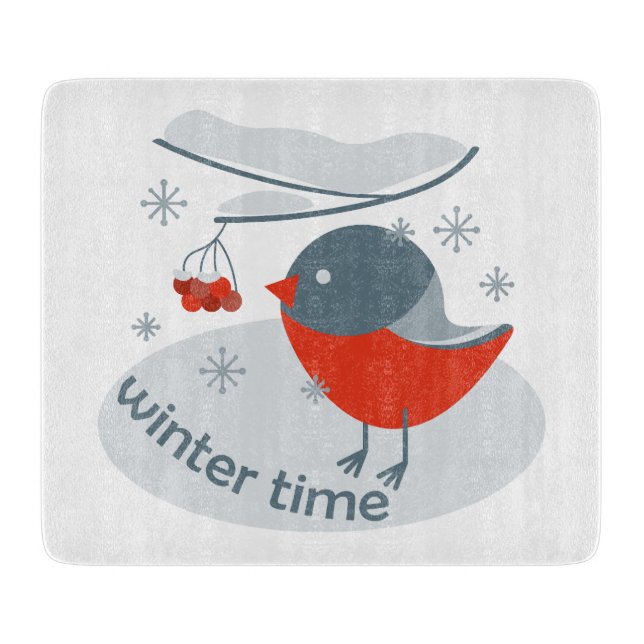Winter bullfinch bird and red rowan berries cutting board (Front)