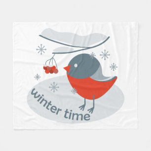 Winter bullfinch bird and red rowan berries fleece blanket