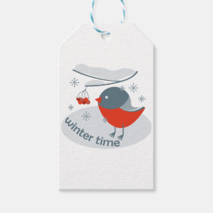Winter bullfinch bird and red rowan berries gift tags
