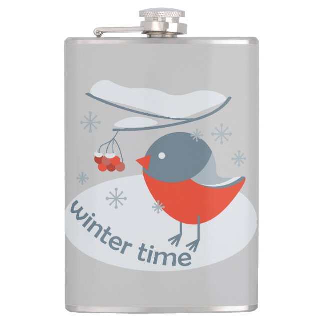 Winter bullfinch bird and red rowan berries hip flask (Front)