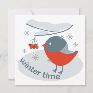 Winter bullfinch bird and red rowan berries invitation
