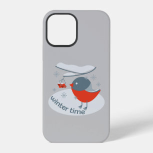 Winter bullfinch bird and red rowan berries iPhone 12 pro case