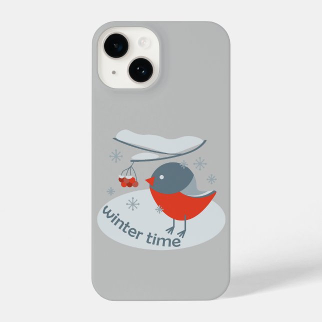 Winter bullfinch bird and red rowan berries iPhone case (Back)