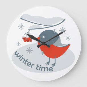 Winter bullfinch bird and red rowan berries large clock