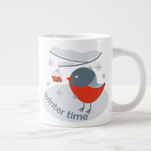 Winter bullfinch bird and red rowan berries large coffee mug