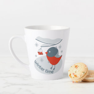 Winter bullfinch bird and red rowan berries latte mug