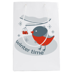 Winter bullfinch bird and red rowan berries medium gift bag