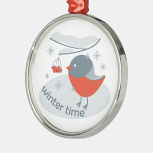 Winter bullfinch bird and red rowan berries metal ornament