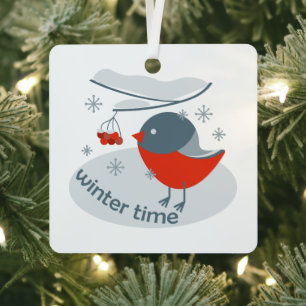 Winter bullfinch bird and red rowan berries  metal tree decoration