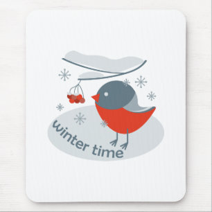 Winter bullfinch bird and red rowan berries mouse pad