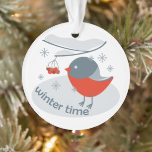 Winter bullfinch bird and red rowan berries ornament