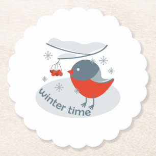 Winter bullfinch bird and red rowan berries paper coaster