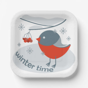 Winter bullfinch bird and red rowan berries paper plate