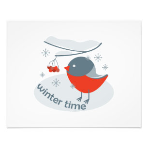Winter bullfinch bird and red rowan berries photo print